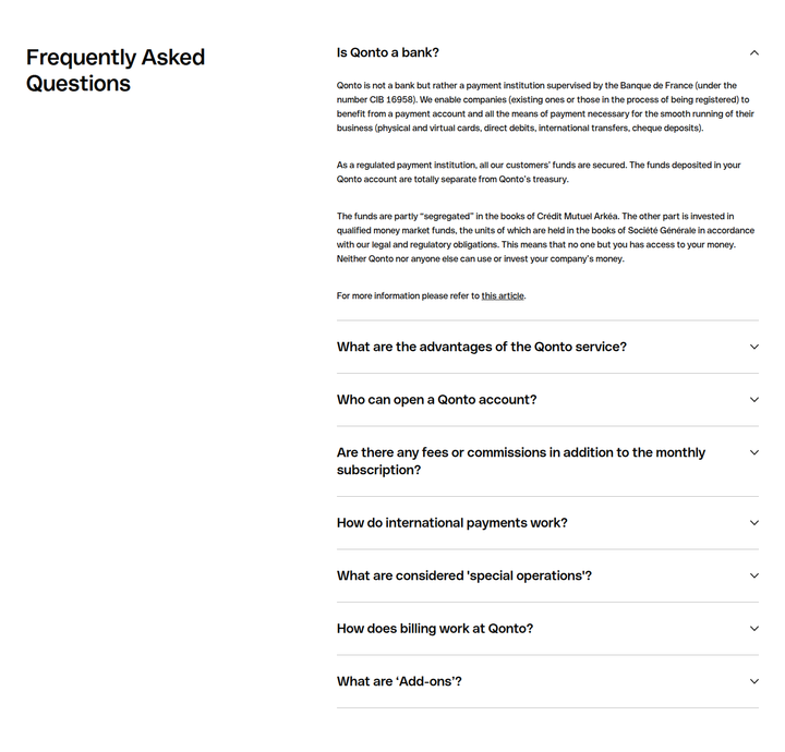 Frequently Asked Questions section from Qonto