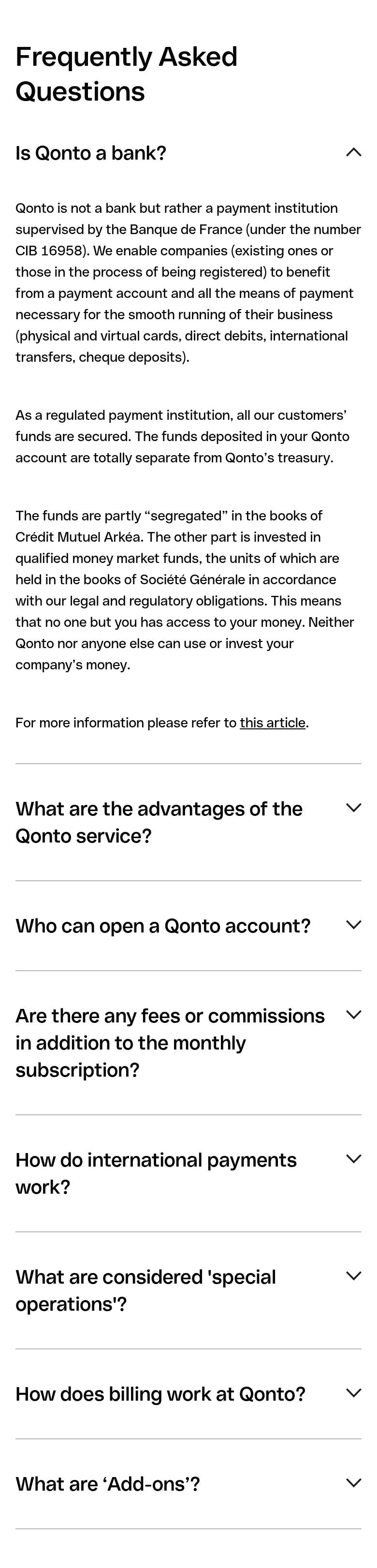 Frequently Asked Questions section from Qonto, on a phone