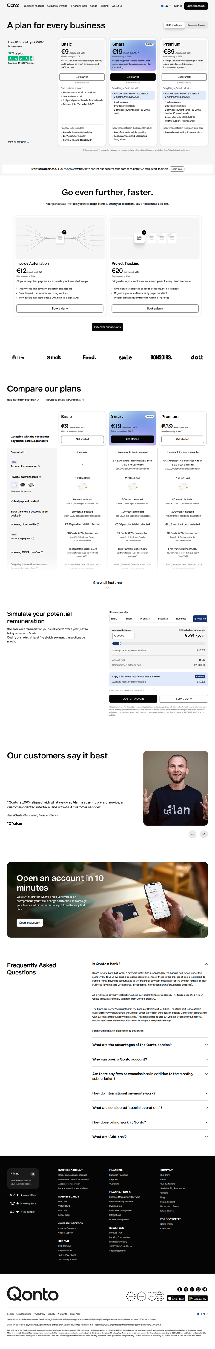Pricing page from Qonto