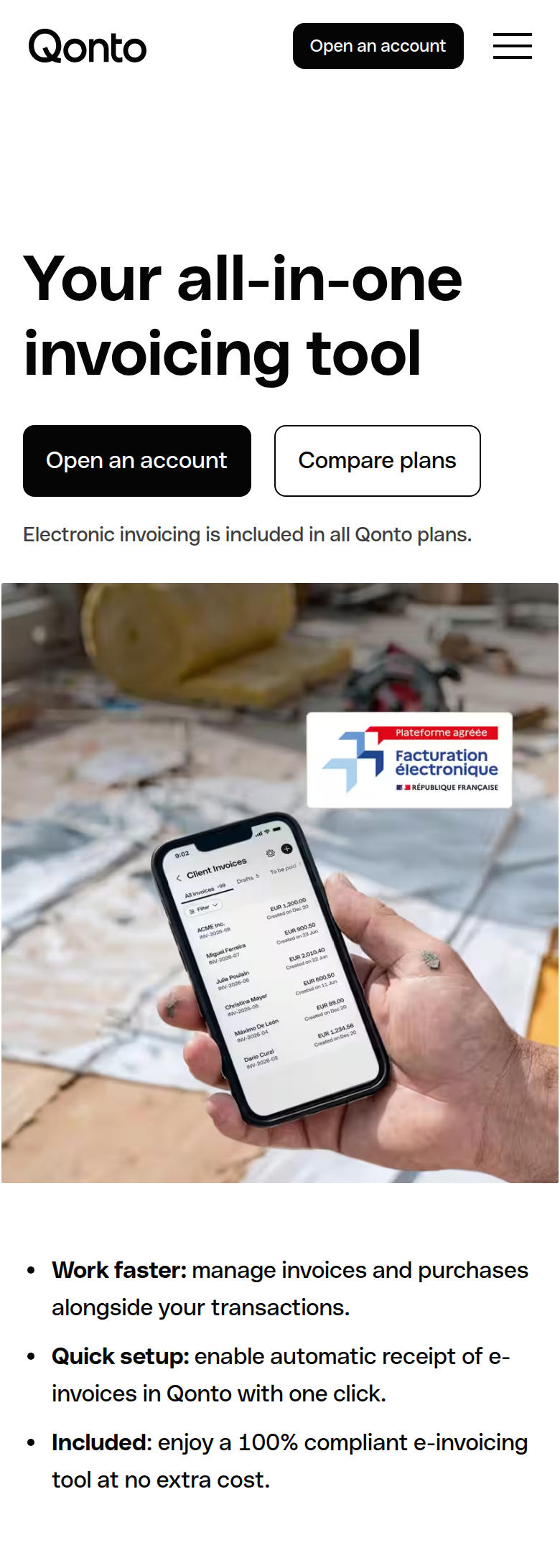 Your All-in-One Invoicing Tool section from Qonto, on a phone