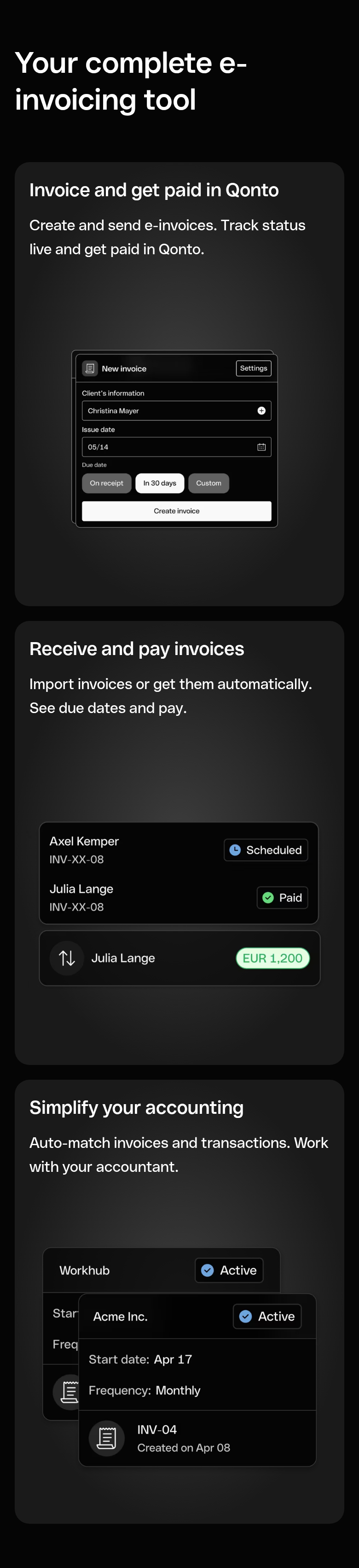 Your Complete E-Invoicing Tool section from Qonto, on a phone