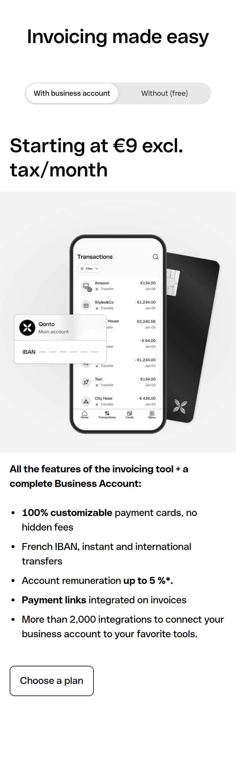 Invoicing Made Easy section from Qonto, on a phone