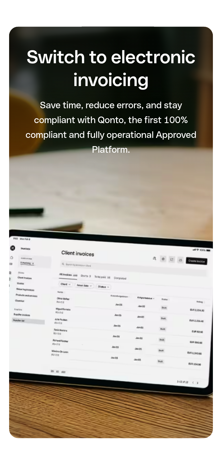 Switch to Electronic Invoicing section from Qonto, on a phone