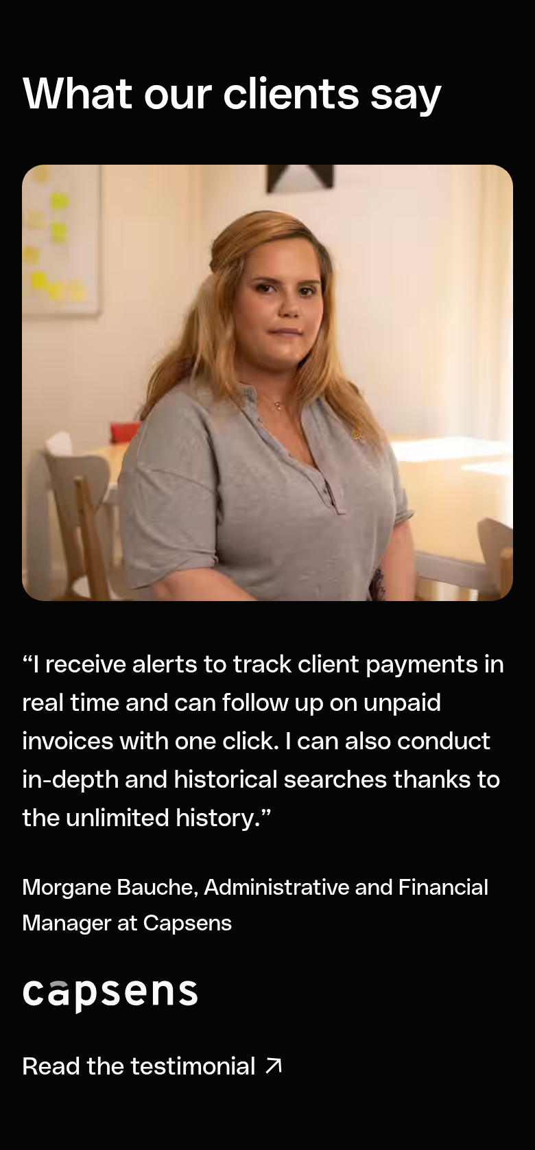 What Our Clients Say section from Qonto, on a phone