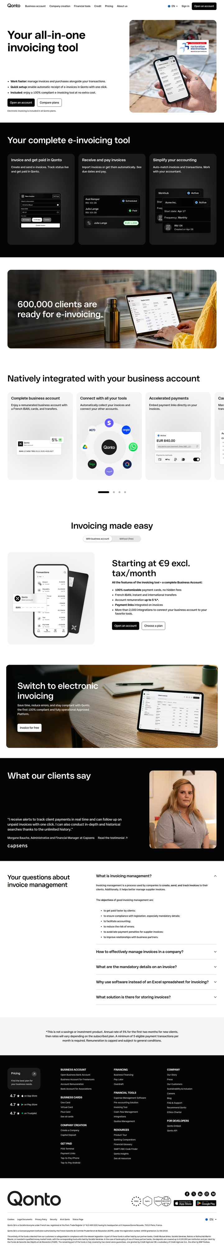 Invoicing page from Qonto
