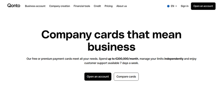 Company Cards That Mean Business section from Qonto