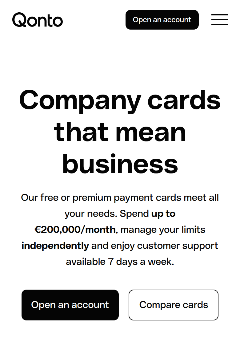 Company Cards That Mean Business section from Qonto, on a phone