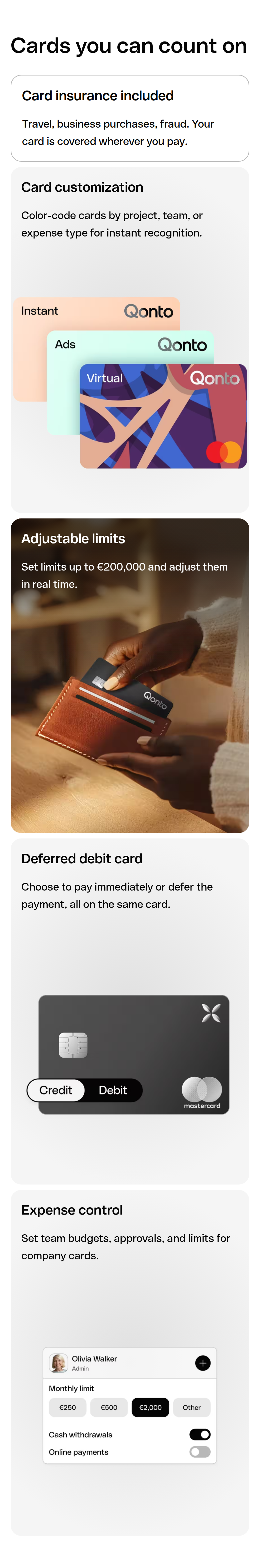 Cards You Can Count On section from Qonto, on a phone