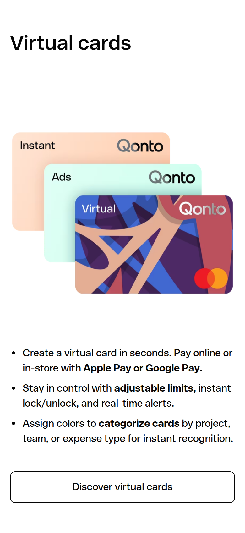 Virtual Cards section from Qonto, on a phone