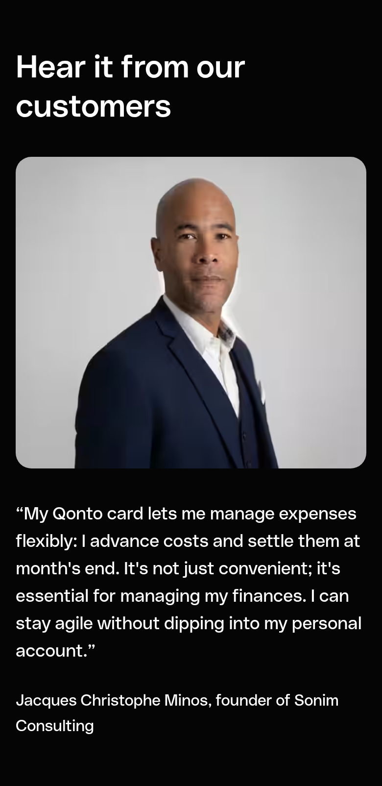 Hear It from Our Customers section from Qonto, on a phone