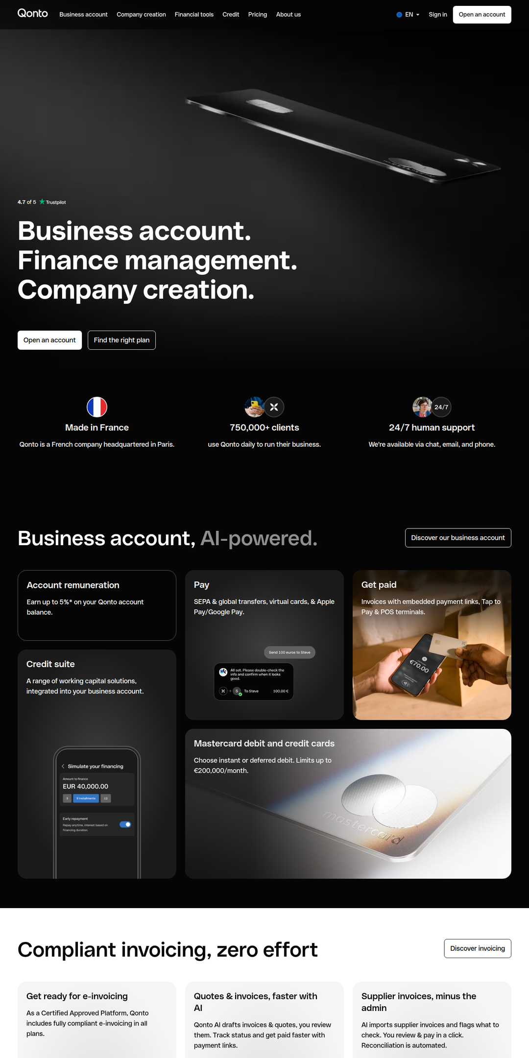 Home page of the Qonto website