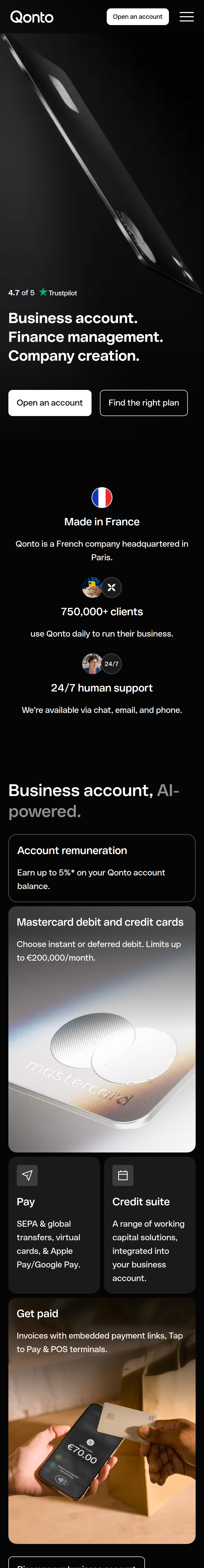Home page of the Qonto website, on a phone
