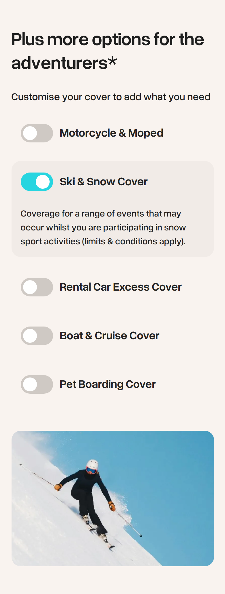 Plus More Options for the Adventurers section from Butter Insurance, on a phone