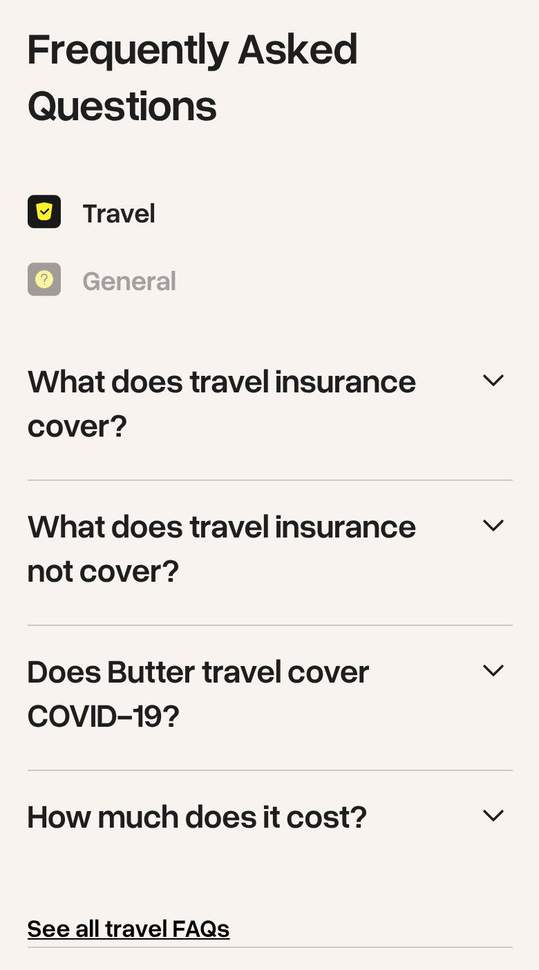 Frequently Asked Questions section from Butter Insurance, on a phone