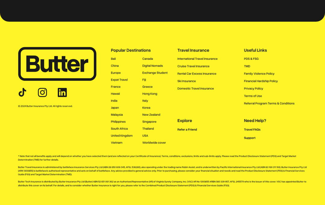 Footer section from Butter Insurance