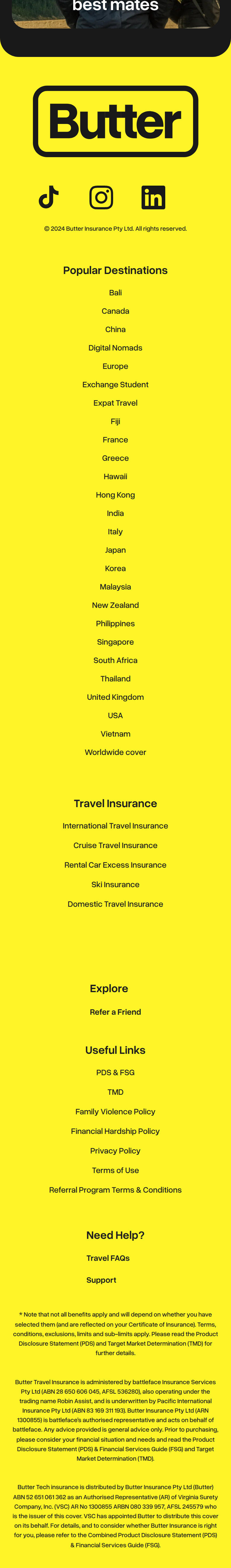 Footer section from Butter Insurance, on a phone