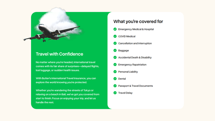 Travel with Confidence section from Butter Insurance