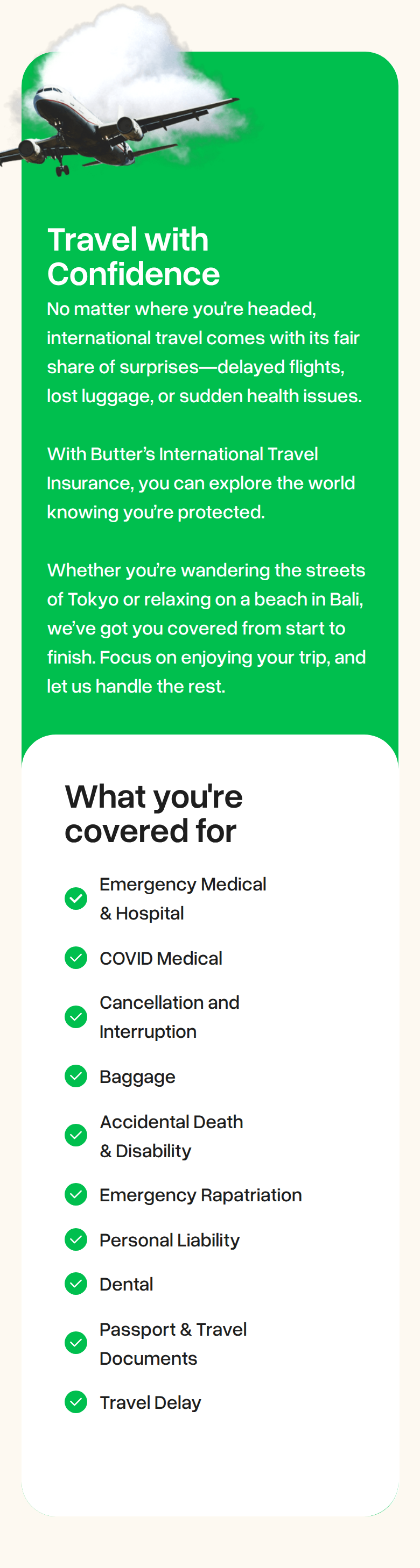 Travel with Confidence section from Butter Insurance, on a phone