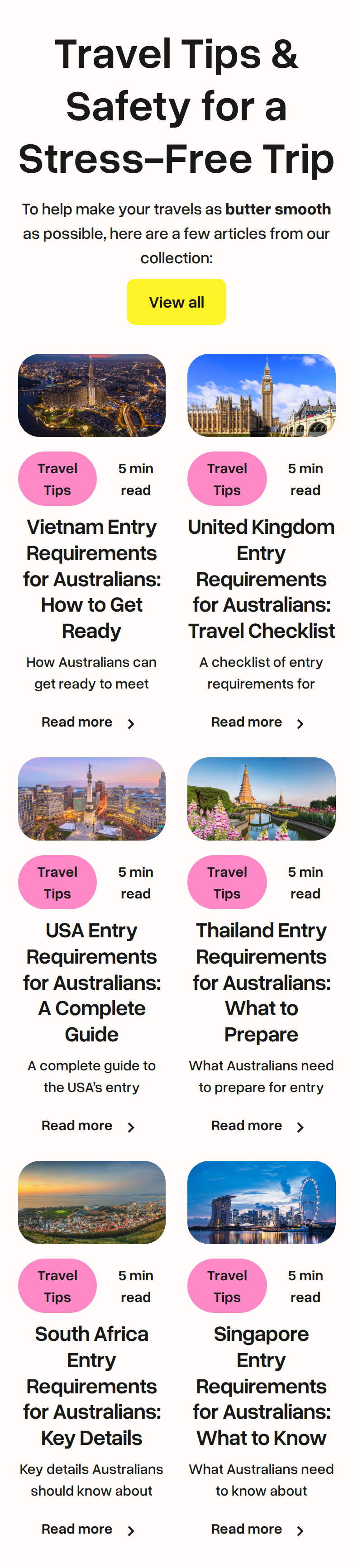 Travel Tips and Safety section from Butter Insurance, on a phone