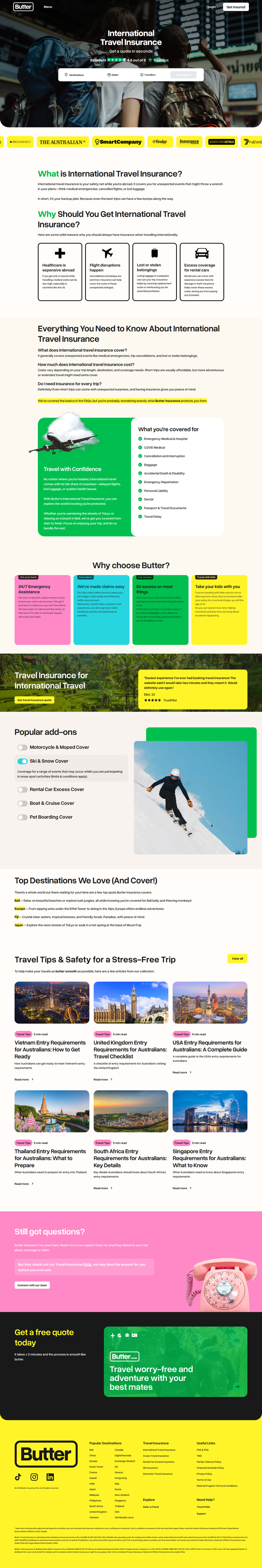 International Travel Insurance page from Butter Insurance