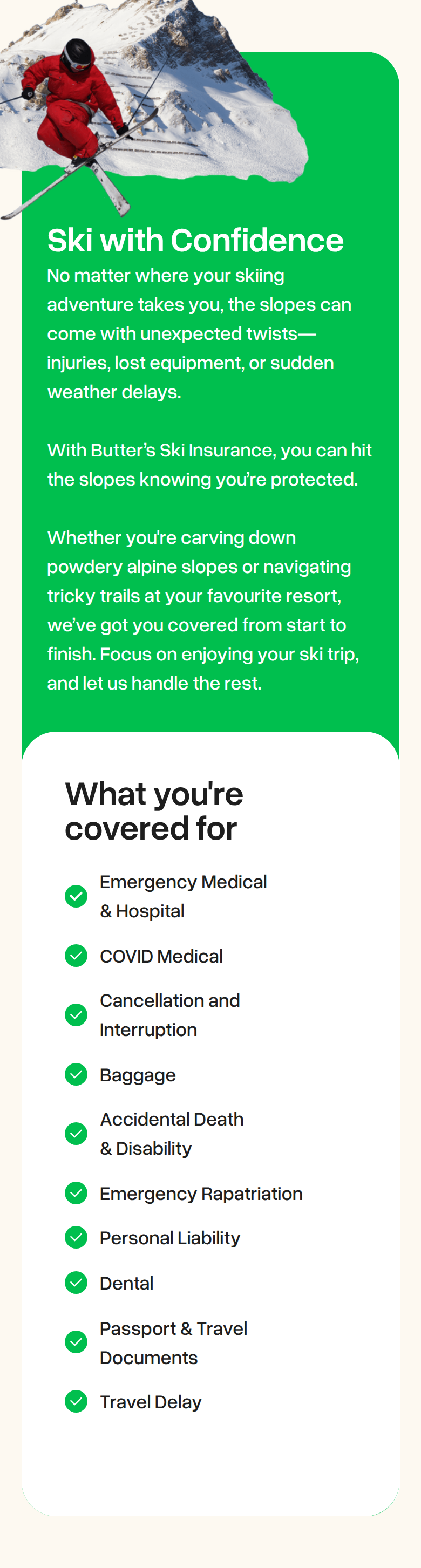 Ski with Confidence section from Butter Insurance, on a phone