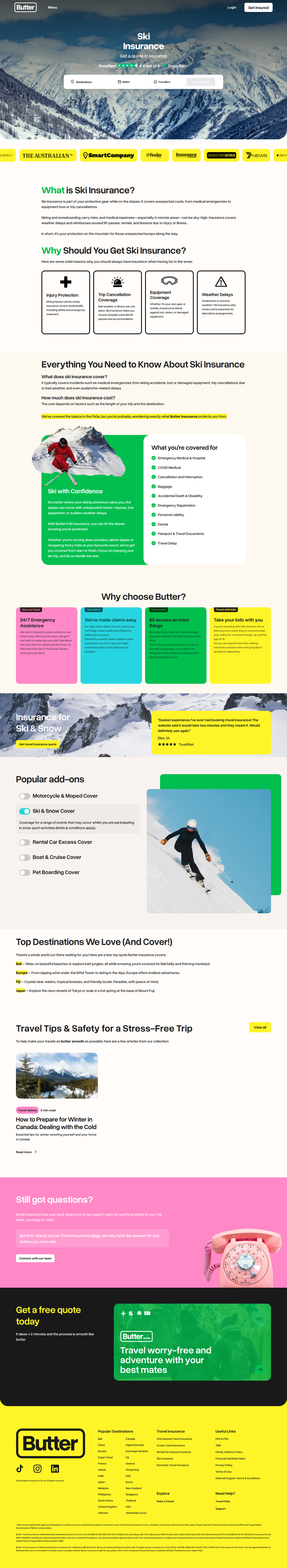 Ski Insurance page of Butter Insurance