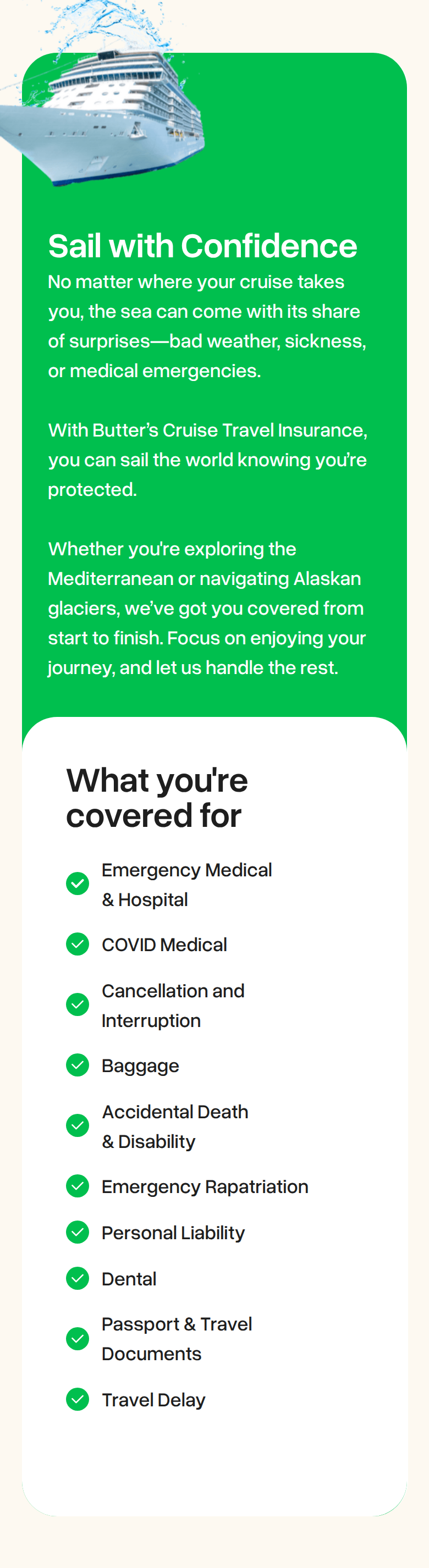 Sail with Confidence section from Butter Insurance, on a phone