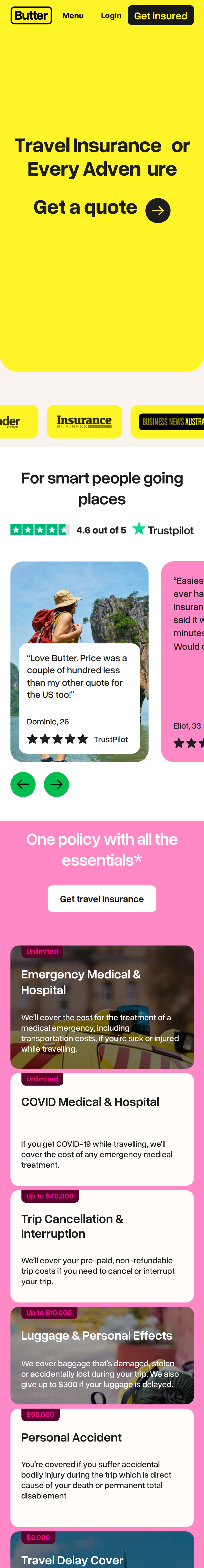 Home page of the Butter Insurance website, on a phone