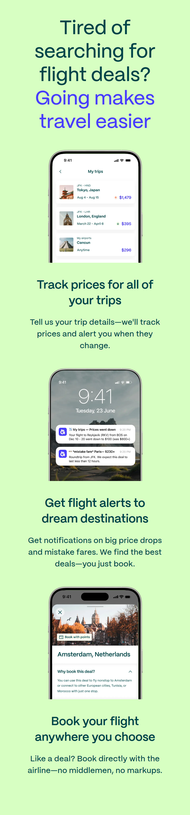 Tired of Searching for Flight Deals section from Going, on a phone