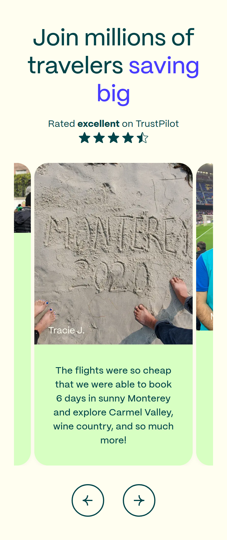 Join Millions of Travelers Saving Big section from Going, on a phone