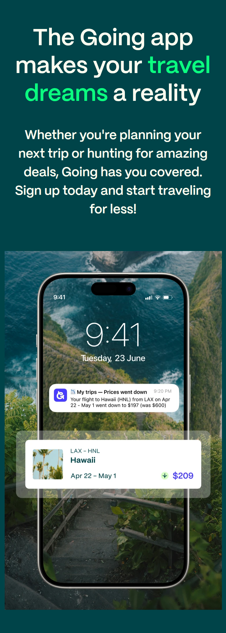Make Your Travel Dreams a Reality section from Going, on a phone