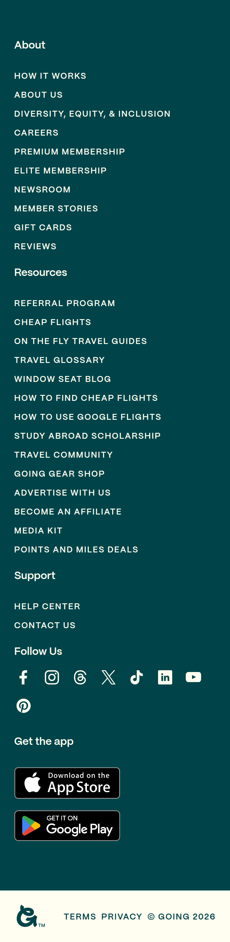 Footer section from Going, on a phone