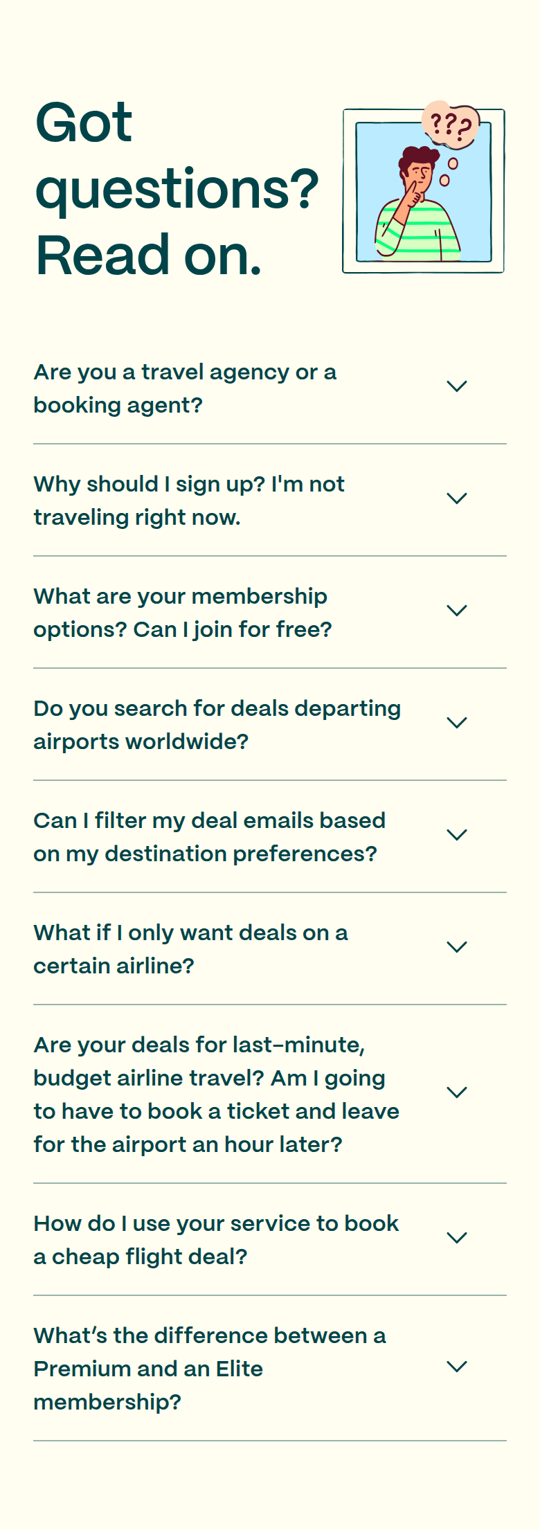 Got Questions? Read On. section from Going, on a phone