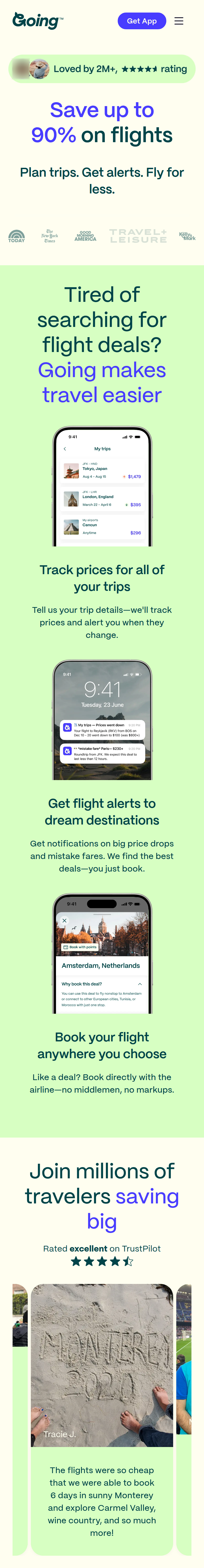 Home page of the Going website, on a phone