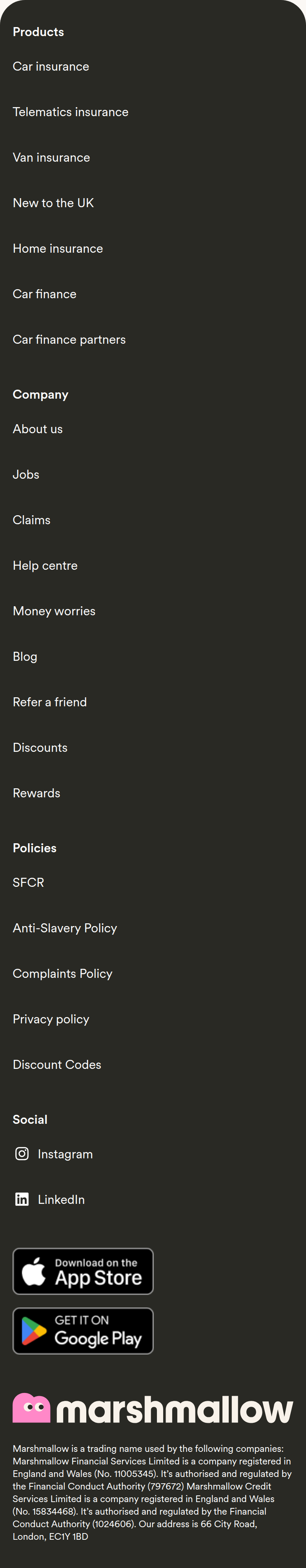 Footer section from Marshmallow, on a phone