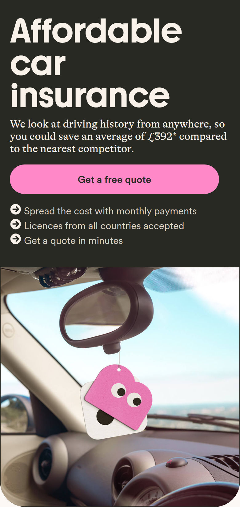 Affordable Car Insurance section from Marshmallow, on a phone