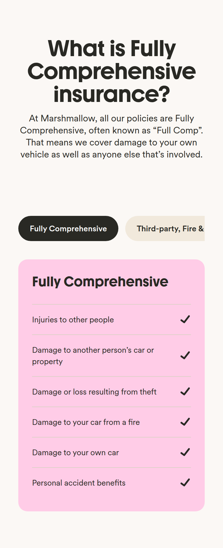 What Is Fully Comprehensive Insurance? section from Marshmallow, on a phone