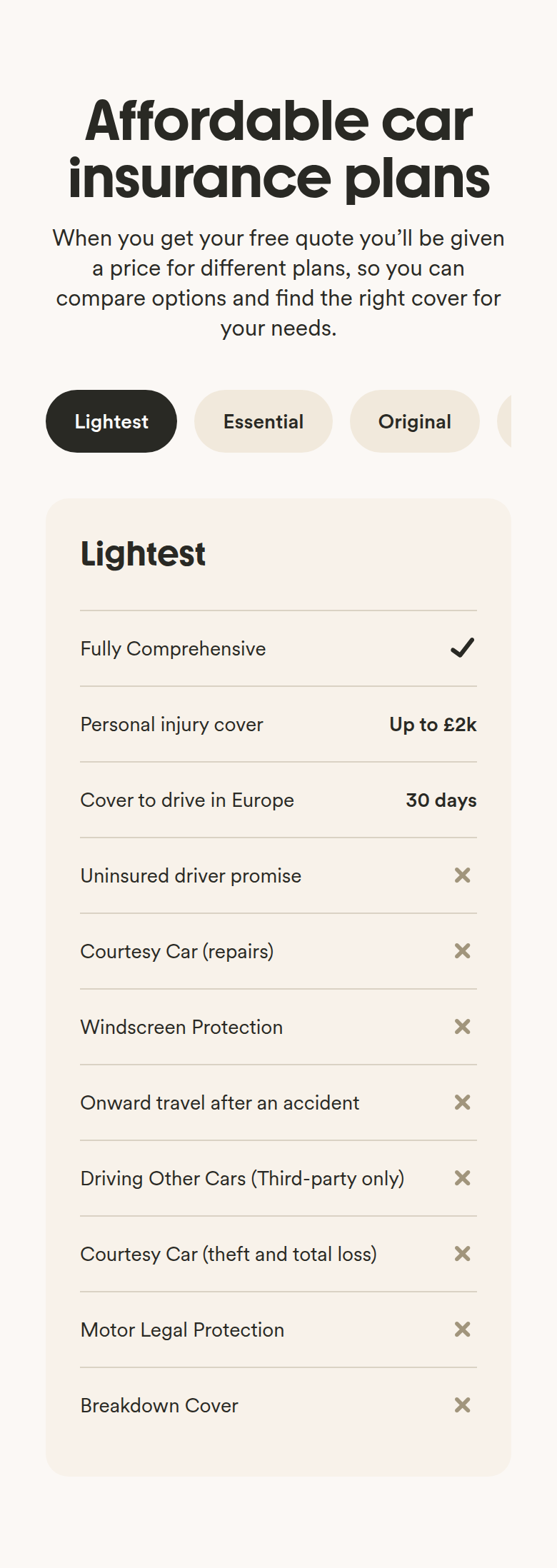 Affordable Car Insurance Plans section from Marshmallow, on a phone