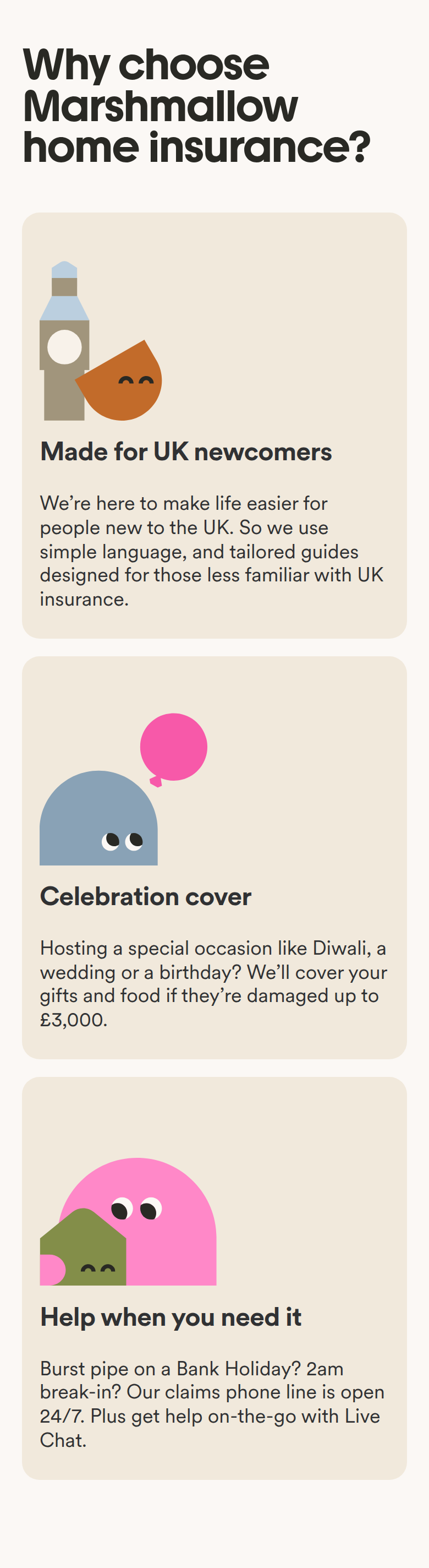 Why Choose Marshmallow Home Insurance? section from Marshmallow, on a phone