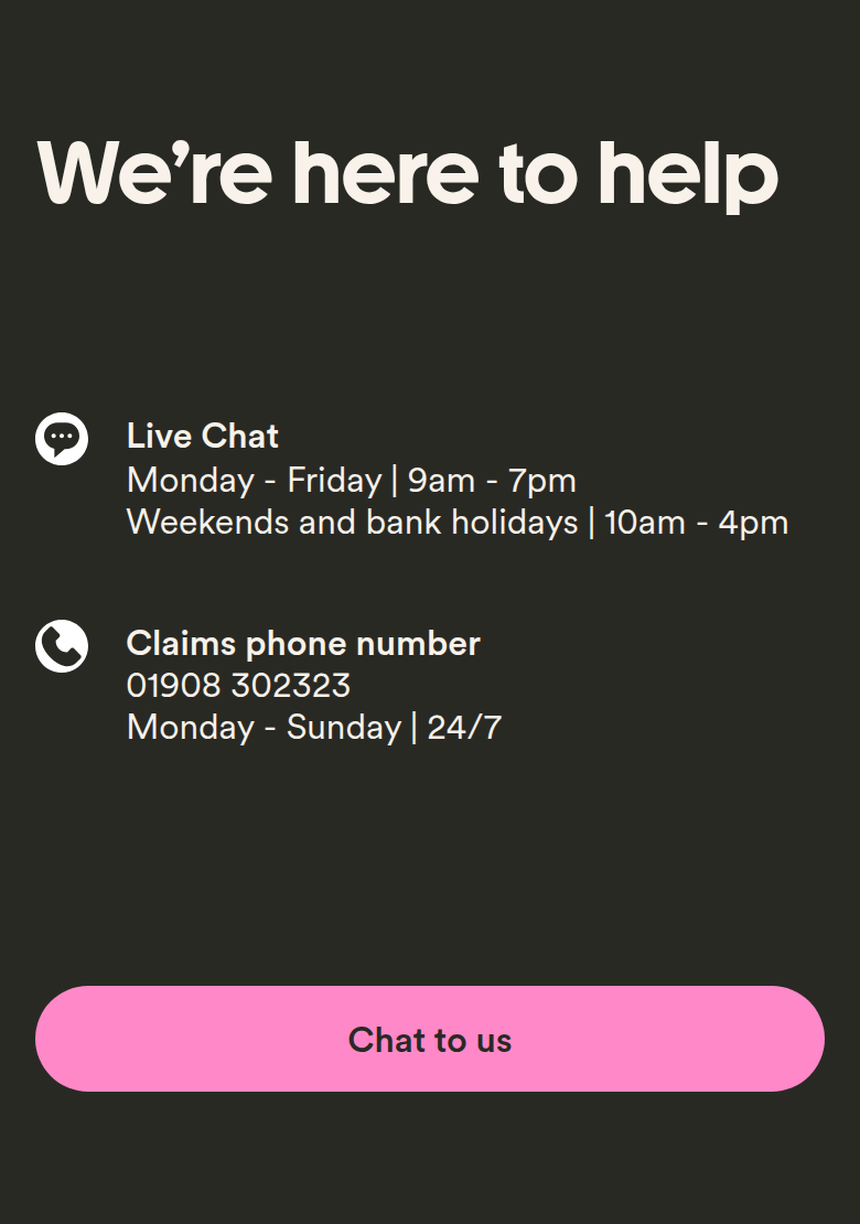 We're Here to Help section from Marshmallow, on a phone