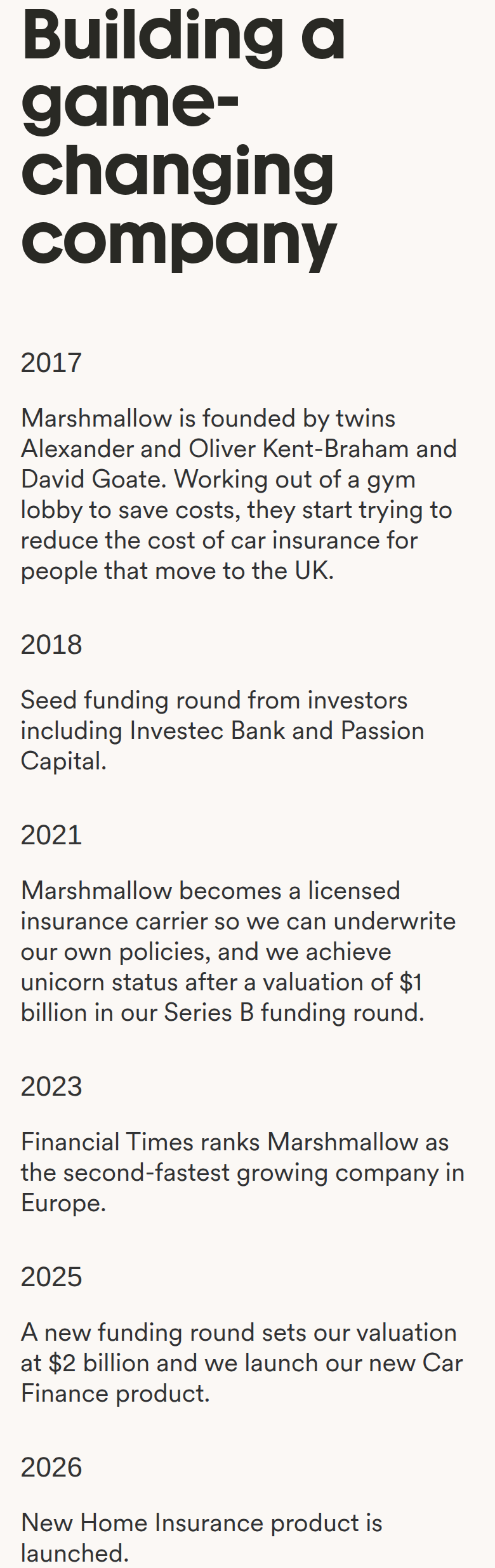 Building a Game-Changing Company section from Marshmallow, on a phone