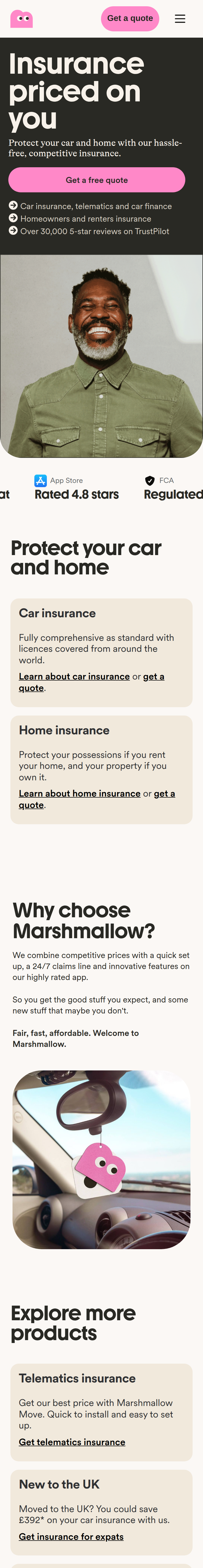 Home page of the Marshmallow website, on a phone