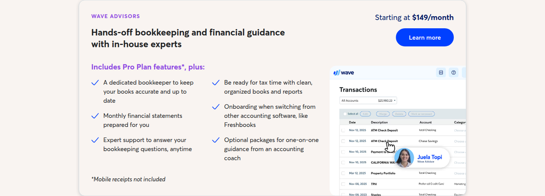 Hands-Off Bookkeeping with In-House Experts section from Wave