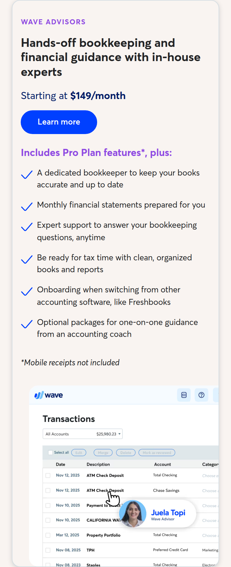 Hands-Off Bookkeeping with In-House Experts section from Wave, on a phone