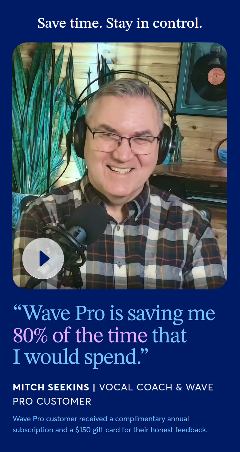 Save Time. Stay in Control. section from Wave, on a phone