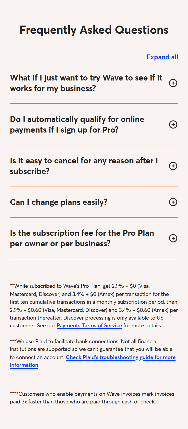 Frequently Asked Questions section from Wave, on a phone