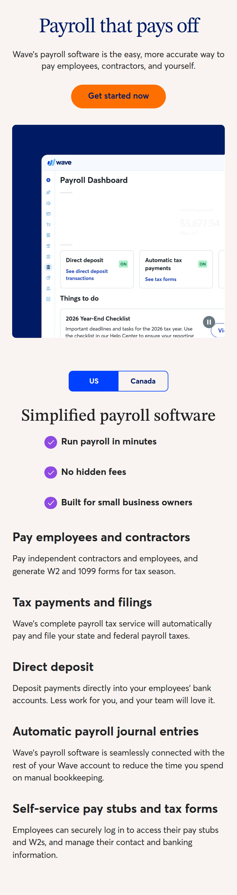 Payroll That Pays Off section from Wave, on a phone