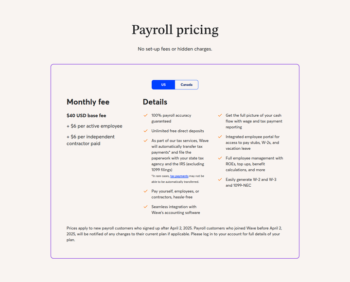 Payroll Pricing section from Wave