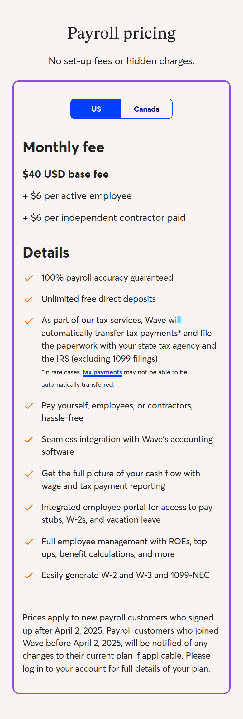 Payroll Pricing section from Wave, on a phone