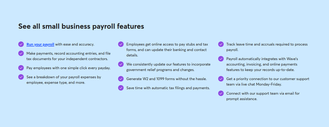See All Small Business Payroll Features section from Wave